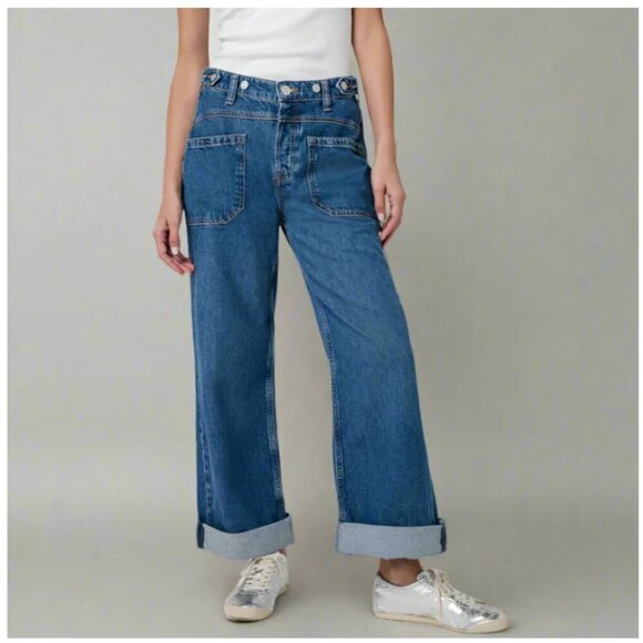 We The Free Palmer Cuffed Jeans Wide Leg Baggy Denim Blue Womens 28 Free People - Picture 1 of 8